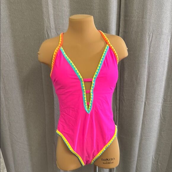 POPVIL Vibrant Pink One-Piece Swimsuit with Colorful Trim - Picture 1 of 10